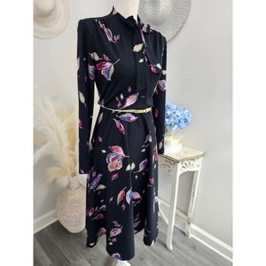 80's Vintage Sherri Lynn Black Floral Bowtie Long Sleeve Front Button Midi Dress